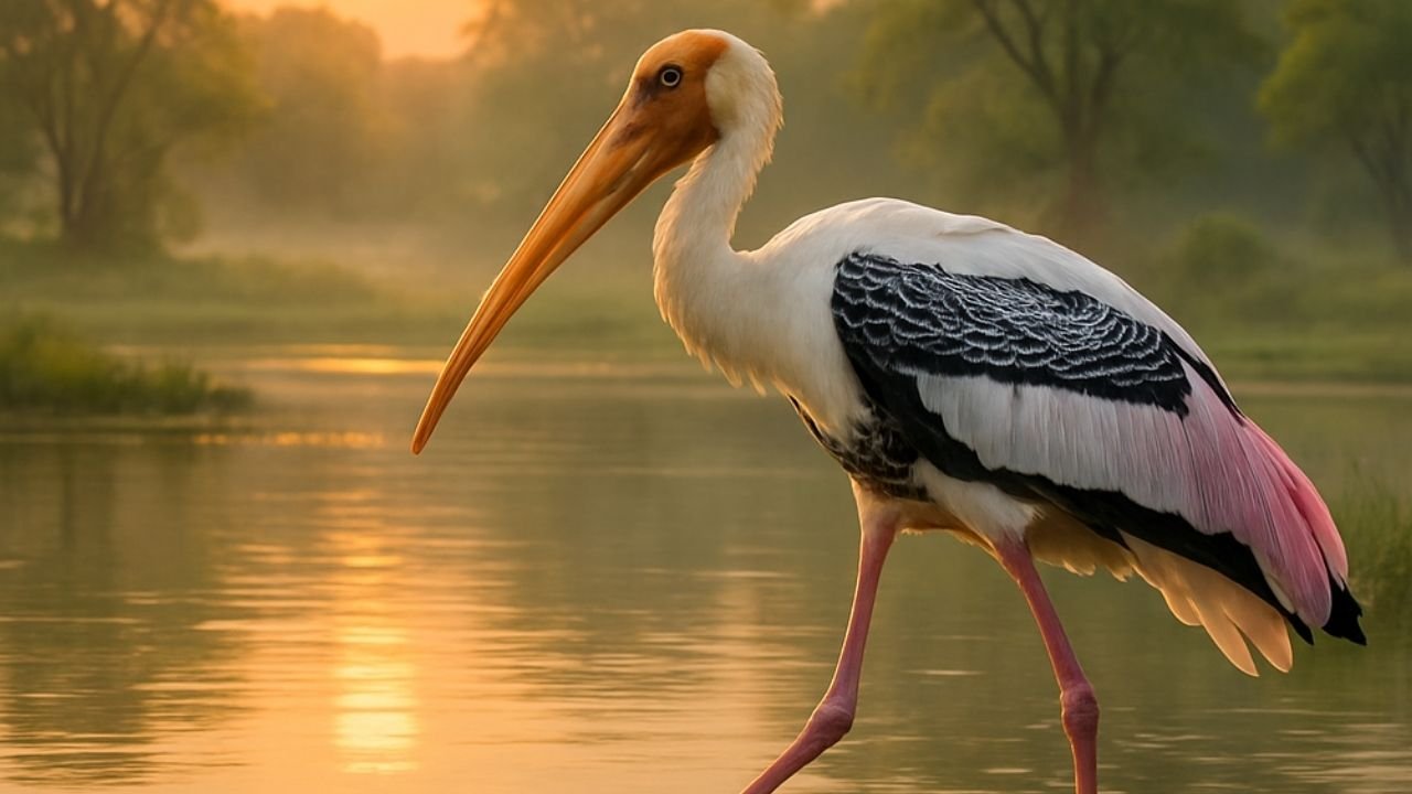 Painted Stork bird standing in shallow water at Vedanthangal Bird Sanctuary during winter migration, showcasing its vibrant pink feathers and long yellow beak.
